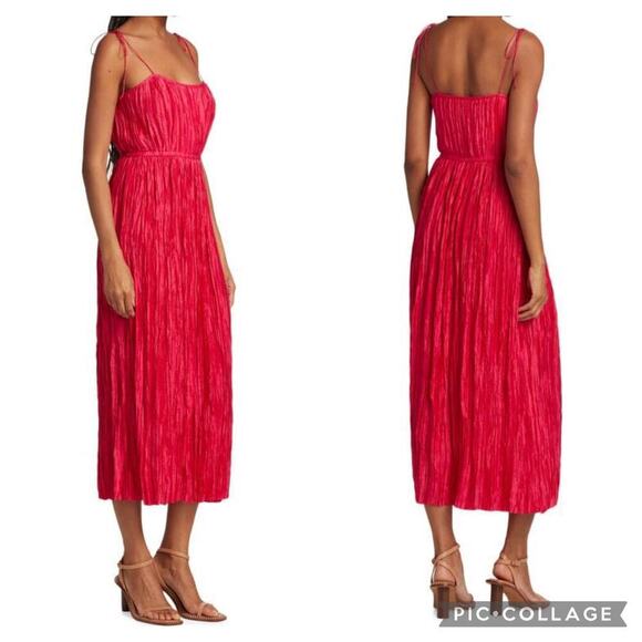 New ULLA JOHNSON Orla Tie Shoulder Satin Plissé Midi Dress in Orchard  Sz 12 - Picture 1 of 12